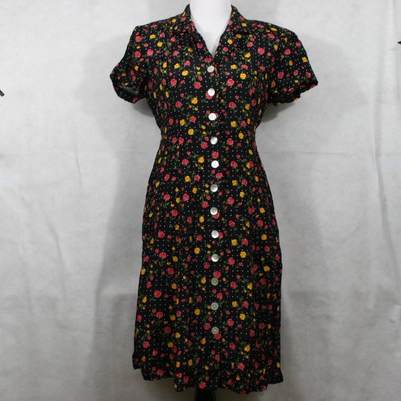 DJI Dresses & Skirts - Vintage 50’s DJI Black Rayon Floral Midi Dress w/ Drawstring Belt SZ 10 EUC